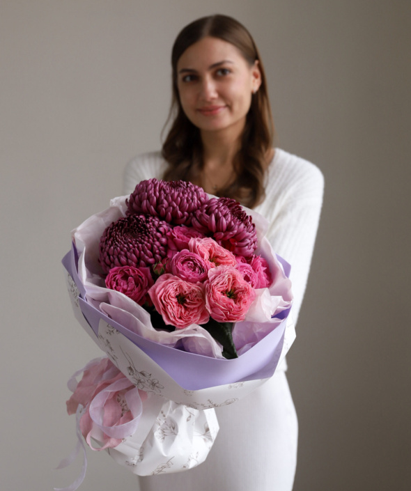 Яркий букет с винными хризантемами №2120