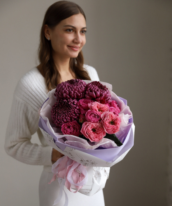 Яркий букет с винными хризантемами №2120