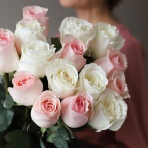 Белые и розовые розы в ленту (15 шт) №1031 - Фото 32