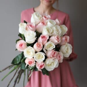 Белые и розовые розы в ленту (25 шт) №1032 - Фото 4