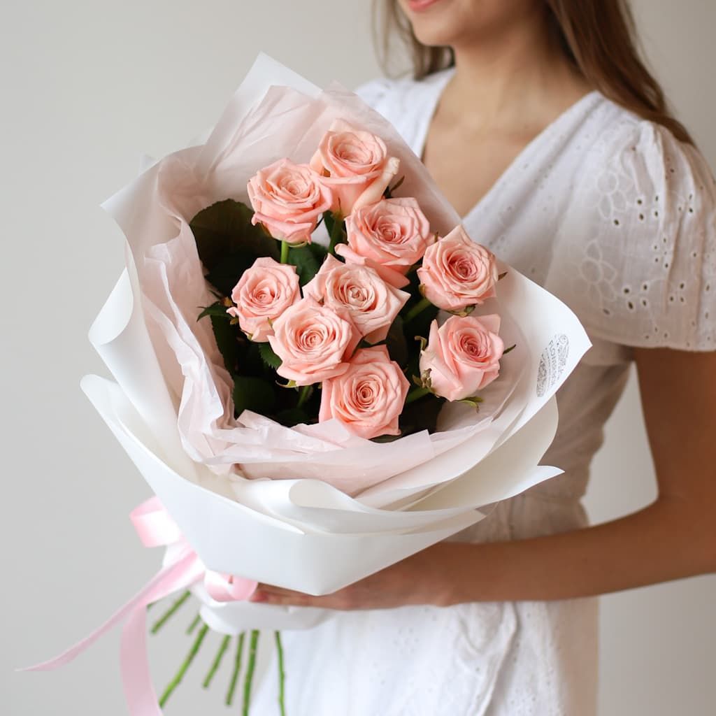 Нежно-розовые розы в нежном оформлении (9 шт) №1546 - Фото 1