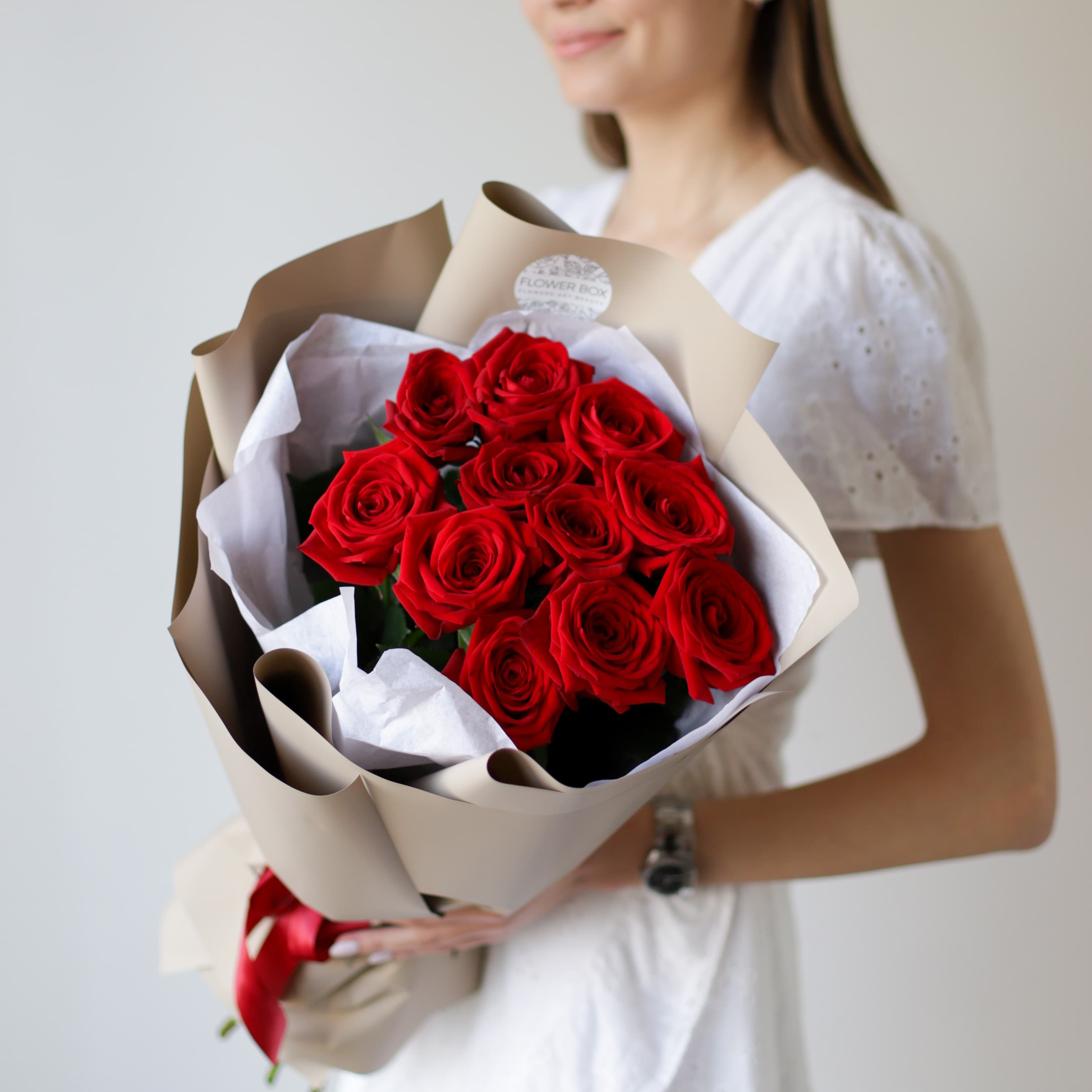 Красные розы в бежевом оформлении (11 шт) №1440 - Фото 30