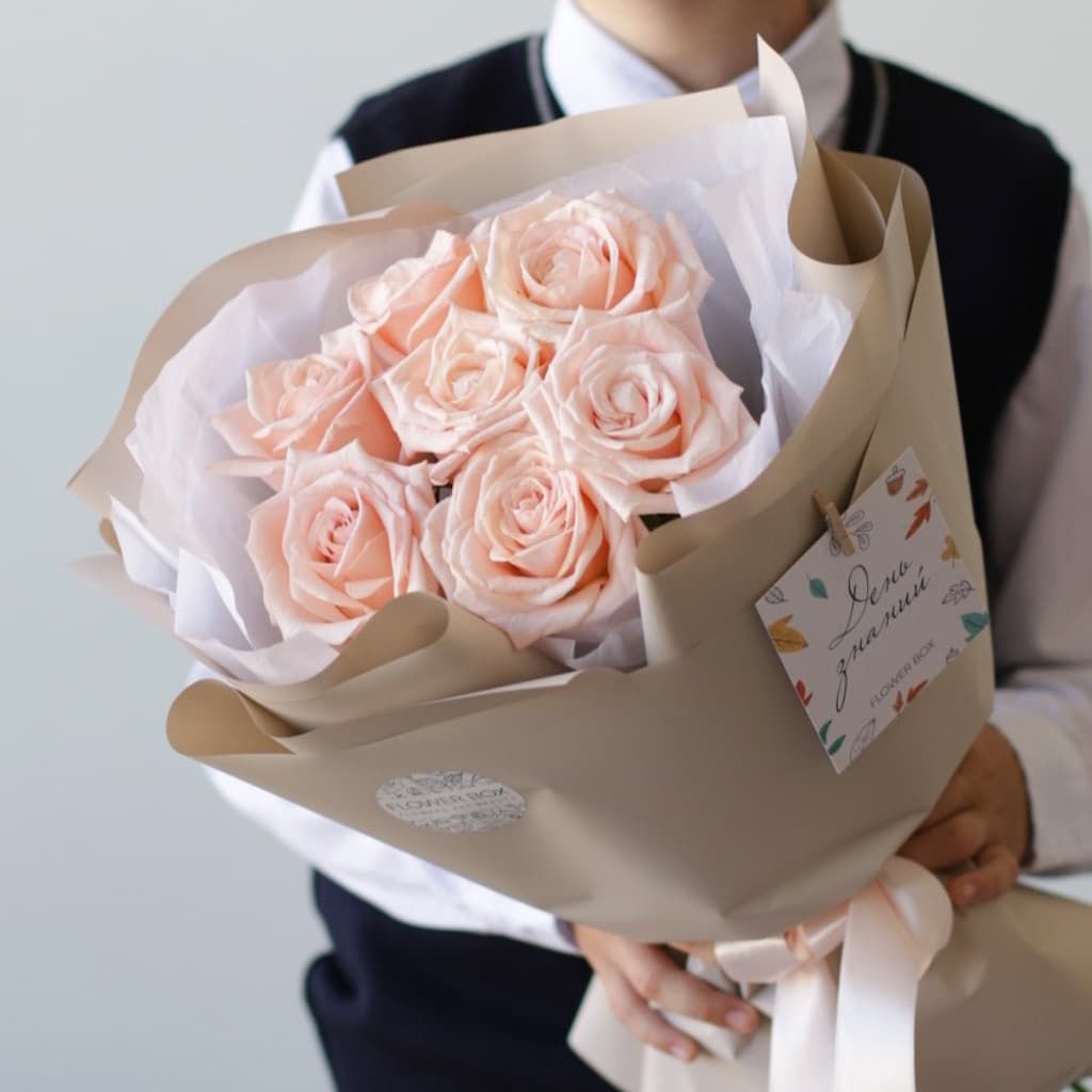 Нежно-розовые розы в нежном оформлении (7 шт) №1770 - Фото 33