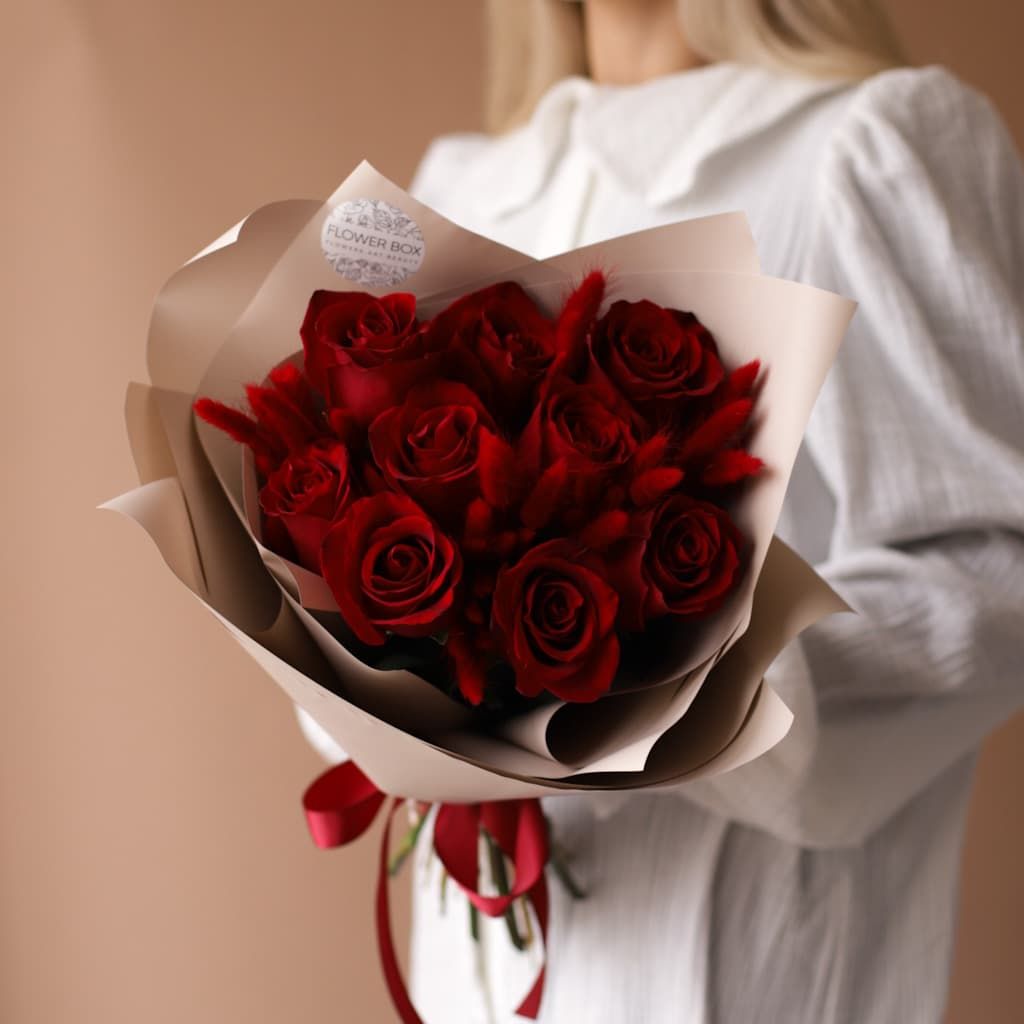 Красные розы с лагурусом №1842 - Фото 23